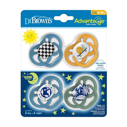 Dr. Brown's Advantage Glow-in-The-Dark Baby Pacifier, Fully Symmetrical Soother with Soft Silicone Bulb, Skateboard Snail-Blue Nature, 6-18m, BPA Free, 4 Pack