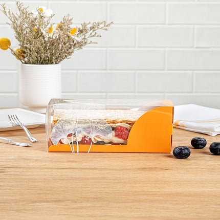 Restaurantware-7 Inch x 2.5 Inch Clear Dessert Boxes, 100 Orange Paper Sleeve Transparent Candy Boxes - Leaf Accent, No Grease Lining, Clear Plastic Clear Favor Boxes, Crack Resistant, Disposable
