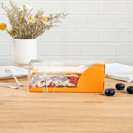 Restaurantware-7 Inch x 2.5 Inch Clear Dessert Boxes, 100 Orange Paper Sleeve Transparent Candy Boxes - Leaf Accent, No Grease Lining, Clear Plastic Clear Favor Boxes, Crack Resistant, Disposable
