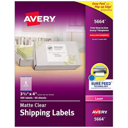 Étiquettes d'adresse transparentes givrées mattes Avery pour imprimantes laser, 84,6 mm x 101,6 mm, 300 étiquettes (5664)