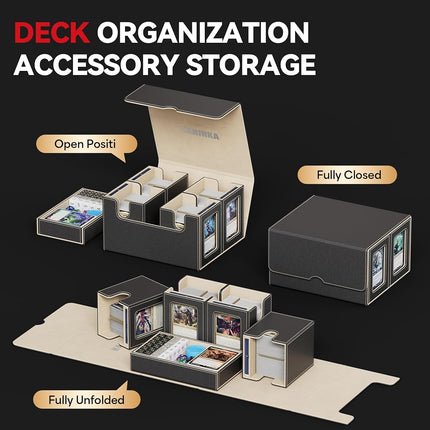 Card Deck Box for MTG with Commander Display, 5 in 1 Card Storage Box Fits 400+ Double-sleeved Cards, Removable Deck Case for TCG/Sports Cards with Dice Tray, 4 Magnetic Card Holders (Black Gold)