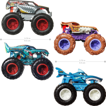 Monster Trucks, camiones de juguete Monster Trucks a escala 1:64, juego de 4, ruedas gigantes, personajes favoritos y diseños geniales