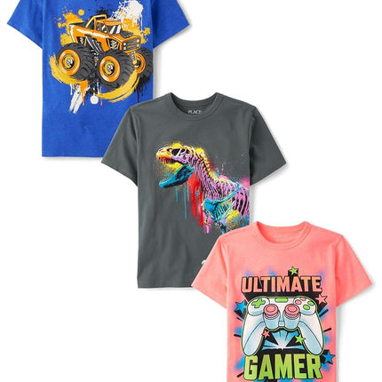 The Children's Place Boys' Gamer Short Sleeve Graphic T-Shirts,multipacks, Monster Truck/Dino/Ultimate Gamer, X-Large