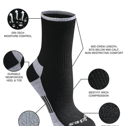 Dickies Women's Dri-tech Advanced Moisture Wicking Mid-Crew Socks, Available in M-l (6,12, Black Assorted (6 Pairs), Medium (Pack of 6)