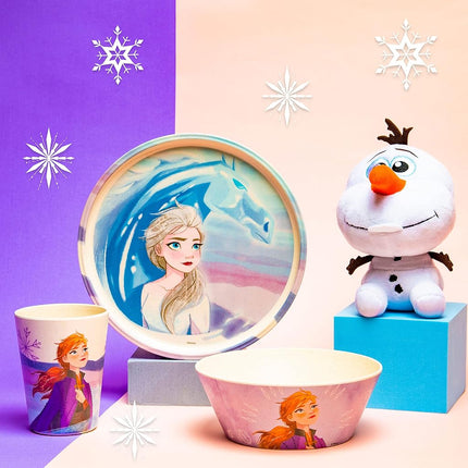 Juego de vajilla infantil de 3 piezas de Zak Designs Disney Frozen 2, plato, cuenco y vaso de melamina y bambú duraderos y sostenibles son perfectos para la hora de la cena en familia (Anna, Elsa, Olaf)