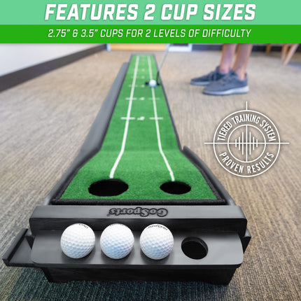 GoSports Pure Putt Golf Tapis de Practice de Golf de 2,7 m – Aide à l'Entraînement en Bois Haut de Gamme pour la Pratique du Putting à la Maison et au Bureau – Comprend 4 Balles de Golf – Noir