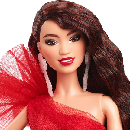 Barbie 2024 Holiday Dolls, Seasonal Collector Gift, Signature, Plaid Gown with Red Bow, Displayable Packaging, Dark Brown Hair