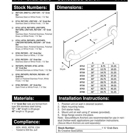 Moen 8742 Barra de sujeción de montaje seguro, 42 pulg., Acero inoxidable, Tamaño: 3 x 45 x 3
