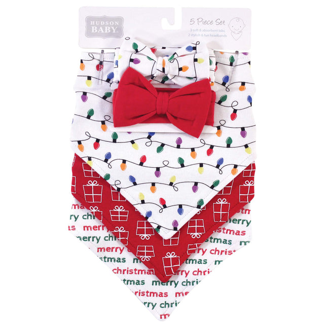 Hudson Baby Unisex Baby Cotton Bib and Headband or Caps Set, Christmas Lights, One Size