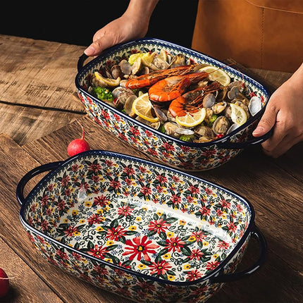 Bicuzat Red Daisy Flower Vintage Style Ceramic Bakeware Casserole Dish Baking Pan Lasagna Pans Baking Dish with Handles for Oven/Cooking/Kitchen-1 PCS, 60 OZ