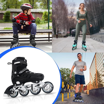 Black Inline Skates for Men Youth Boys, 4 Sizes Adjustable Blades Roller Skates with Ankle Support, Adjustable Strap, 84mm Wheels and Soft Boot Fit for Skating, Roller Derby, Street Hockey