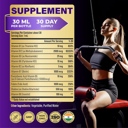 10in1 Vitamin B Complex Liquid Drops with B1 Thiamine, B12 Methylcobalamin, B2 Riboflavin, B3 Niacinamide, B5 Pantothenic Acid, B6 Pyridoxine, B7 Biotin and More - 30ml 1 Fl Oz