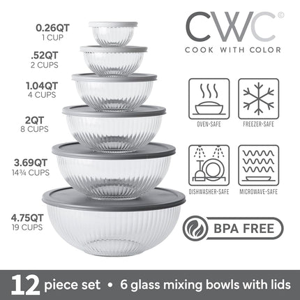 Cook with Color Lot de 12 bols mélangeurs en verre avec couvercles – Bols gigognes en verre borosilicate pour la cuisine, la pâtisserie et la préparation des repas, gris cannelé