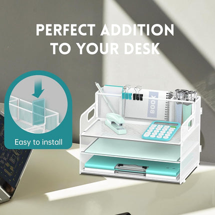 SUPEASY Organiseur de bureau 3 niveaux avec poignée et 3 porte-stylos, Organiseur de papier/dossiers en maille pour bureau, Trieur à courrier pour fournitures de bureau (Blanc), 1 pièce, 3CST-3PH
