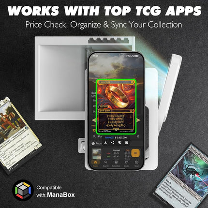 Card Scanner Stand with LED Light for TCG & MTG Sports Cards - Hands-Free Phone Mount for ManaBox - Scans Sleeved Cards (20x Sleeves Included) - Foldable Organizer with Premium Gift Box