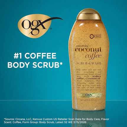 OGX Smoothing + Coconut Coffee Exfoliating Body Scrub with Arabica Coffee & Coconut Oil, Moisturizing Body Wash for Dry Skin, Paraben-Free with Sulfate-Free Surfactants, 19.5 Fl Oz