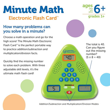 Learning Resources Minute Math Electronic Flash Card, Ages 6+, Maths Travel Game, Fast-Paced Mental Arithmetic Toy with 3 Difficulty Levels, Gifts For Kids