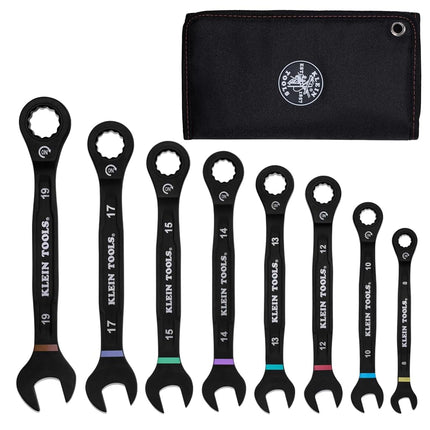 KLEIN TOOLS 69408MG Metric Ratcheting Combination Wrench Set, 8 to 19 mm, 90-Tooth Steel Alloy with Foam Pouch, 8-Piece