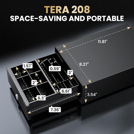 Tera 8.2" Compact Cash Register Drawer for Point of Sale (POS) System with 4 Bill 6 Coin Cash Tray, Removable Coin Compartment, 24V, RJ12 Key-Lock, Media Slot, Auto Open, for Small Businesses, 208