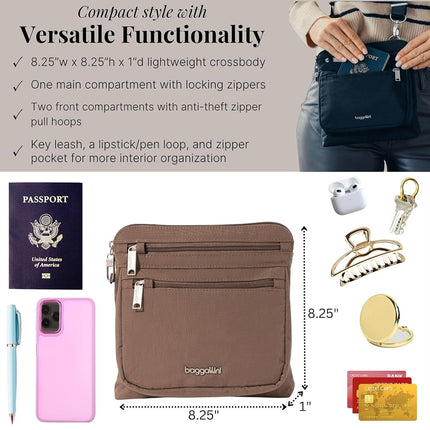 Baggallini Securtex Anti-Theft Crossbody 8.25" Small / 10" Large Travel Purse with RFID Card Slots & Cut-Resistant Strap, Portobello, Small 8.25"w x 8.25"h