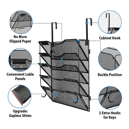 BOHDK Wall File Organizer 5 Pockets, Mail Organizer, Hanging Folder Holder, Foldable | Hanging or Wall Mounted | Label Panel | 2 Hooks | Office Home School Organizer, Black