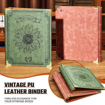 Ovesmusl Sunflower PU Leather 3 Ring Binder Fits 8.5"x11" Letter Size Paper, 1.5 Inch Round Ring Binder Holds 350 Sheets, Notepad Paper Cover Loose Leaf Organizer, Green