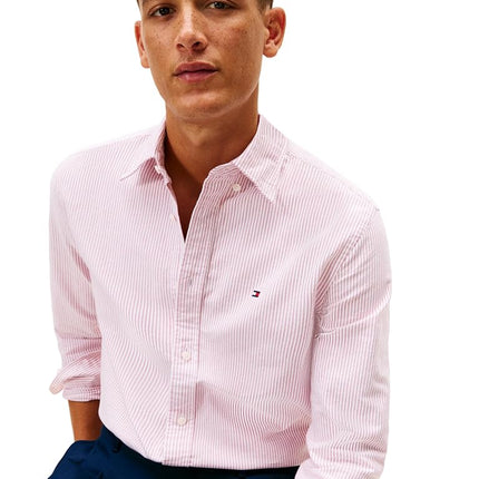 Tommy Hilfiger Men's Heritage Oxford Stripe Regular Long Sleeve Shirts, Medium RED/White Medium