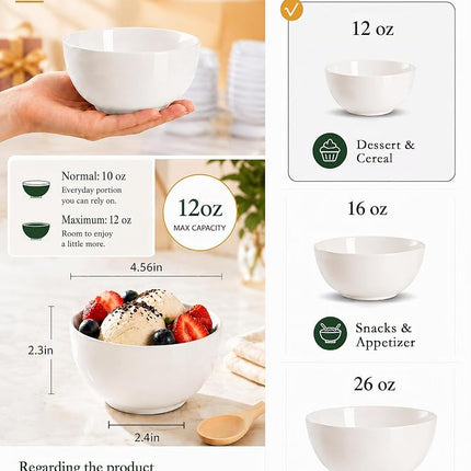 AntoKueh White 4.56in Small Ceramic Bowls 12 OZ, Cereal Bowls Set of 12 for Dessert, Rice, Family dressfamily Gatherings, Hosting Dinner Parties
