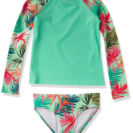 Kanu Surf Girls' Long Sleeve Rashguard UPF 50 Two Piece Swim Set, Cool Breeze Atlantis, 4T