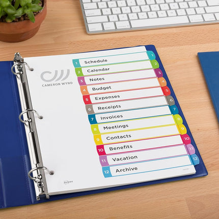 Avery 12 Tab Dividers for 3 Ring Binders, Customizable Table of Contents, Multicolor Tabs, 1 Set, 24 Packs (11843)