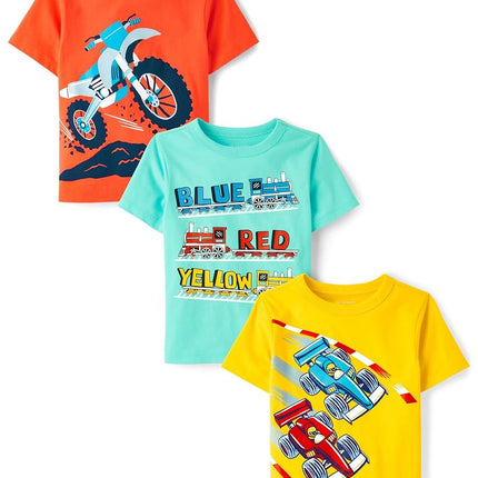The Children's Place Baby and Toddler Boys' Vehicle Short Sleeve Graphic T-Shirts, Multipack, Color Trains/Race Cars/Motobike, 18-24 Months