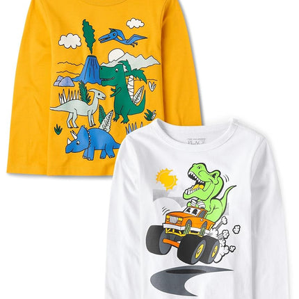 The Children's Place Baby Boys' and Toddler Dino Long Sleeve Graphic T-Shirts,multipacks, Dino Truck/Dino Scene 2-Pack, 3T