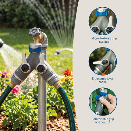Orbit XL 2-Way Garden Hose Splitter – Dual Valves, Heavy-Duty Zinc Y Connector, Easy-Grip Lever Shut-Off 28294