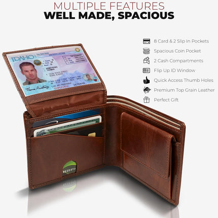 RFID Bifold Leather Wallet For Men with Flip Up ID in Vintage Buffalo Brown, With Coin Pocket - Forest Brown, Bifold Wallet