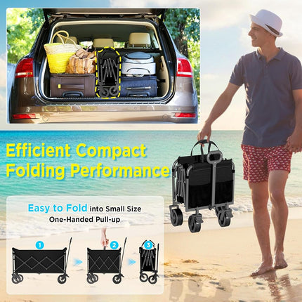 Folding Wagon, Extra Long Extender, Heavy Duty All-Terrain Wheels for Camping, Sports, Shopping, 330 lbs Capacity, Collapsible Cart for Beach, Sand and Large Events,Black (Black-Blue001)
