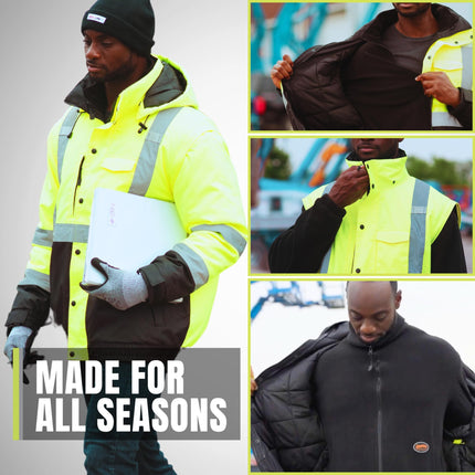 Chaqueta de seguridad impermeable 5 en 1 Pioneer Hi-Vis para hombre - Convertibles a chaleco y forro polar negro - Clasificación hasta -22 °C - ANSI Clase 3