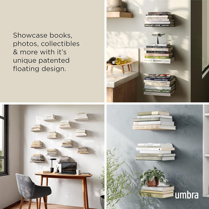 Umbra Conceal Floating Bookshelf, Metal Wall Shelf, Set of 3, Small, Silver