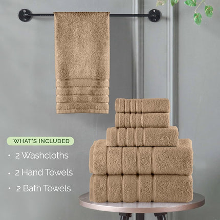Elegant Comfort Juego de toallas de lujo de 6 piezas con rayas de viscosa de 4 líneas - 100% algodón turco, toallas de baño de lujo altamente absorbentes - Incluye 2 toallitas, 2 toallas de mano y 2 toallas de baño, color topo