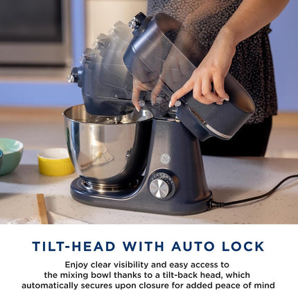 GE Tilt-Head Electric Stand Mixer | 7-Speed, 350-Watt Motor | Includes 5.3-Quart Bowl, Flat Beater, Dough Hook, Wire Whisk & Pouring Shield | Countertop Kitchen Essentials | Sapphire Blue