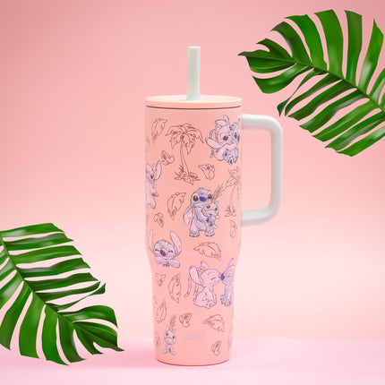Zak Designs Disney Sutton Vaso de viaje para llevar, acero inoxidable de 30 oz con aislamiento al vacío, pajita de silicona y asa de transporte para bebidas frías (Stitch, Angel)