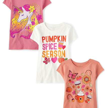 The Children's Place Girls All Holidays Short Sleeve Graphic T-Shirts,multipacks, Unicorn/Pumpkin Spice/Fall Icons, XX-Large