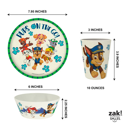 Zak Designs Juego de vajilla infantil de 3 piezas de La Patrulla Canina, plato, tazón y vaso de melamina y bambú duraderos y sostenibles son perfectos para la hora de la cena en familia (Chase, Marshall, Skye y sus amigos)