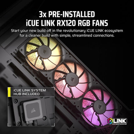 CORSAIR iCUE LINK 3500X RGB Mid-Tower ATX PC Case – Panoramic Tempered Glass – Reverse Connection Motherboard Compatible – 3x CORSAIR iCUE LINK RX120 RGB Fans Included – Black