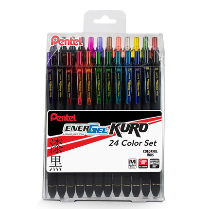 Pentel EnerGel Kuro Liquid Gel Pen, (0.7mm) Medium line, Rubberized Barrel, 24 Assorted Ink Colors