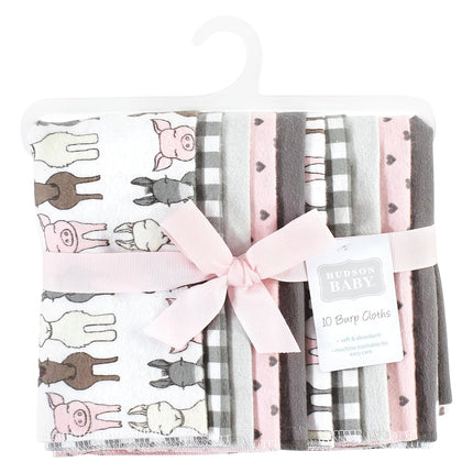Hudson Baby Unisex Baby Cotton Flannel Burp Cloths, Farm Friends Pink 10-Pack, One Size