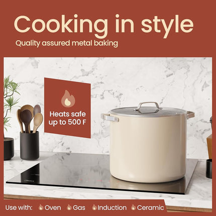 Olla de aluminio de 16 cuartos de galón color crema con tapa, olla antiadherente con revestimiento cerámico, libre de PTFE y PFAS, apta para horno hasta 500°F, asas remachadas de acero inoxidable, tapa de vidrio templado, compatible con todas las estufas