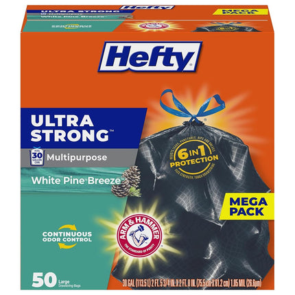 Hefty Ultra Strong Multipurpose Large Trash Bags, Black, White Pine Breeze Scent, 30 Gallon, 50 Count