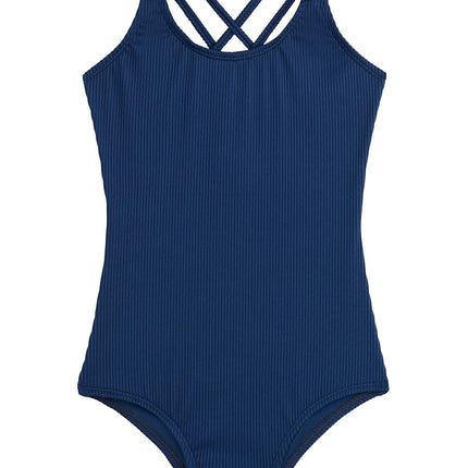 Kanu Surf Girl's Reese UPF 50 Beach Sport Criss-Cross One Piece Swimsuit, Ribbed, Plain, Navy Blue, 44