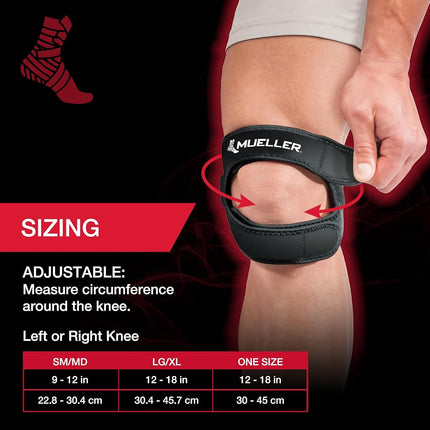 MUELLER Sports Medicine Adjustable Max Knee Single Strap, Knee Pain Relief Support for Men and Women, Ideal for Osgood-Schlatter's, Runner's Knee, Patellar Tendinitis, Black, Small/Medium