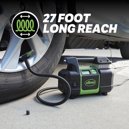 Slime 40063 Tire Inflator, Portable Car, SUV, 4x4 Air Compressor, Elite Heavy Duty, Inflate Right Automatic Shut Off, with Digital 99 psi Display, Long Hose and LED Light, 12V, 3 min Inflation